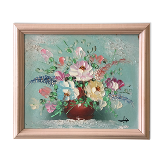 Painting painting in powder pink oil, blue-green