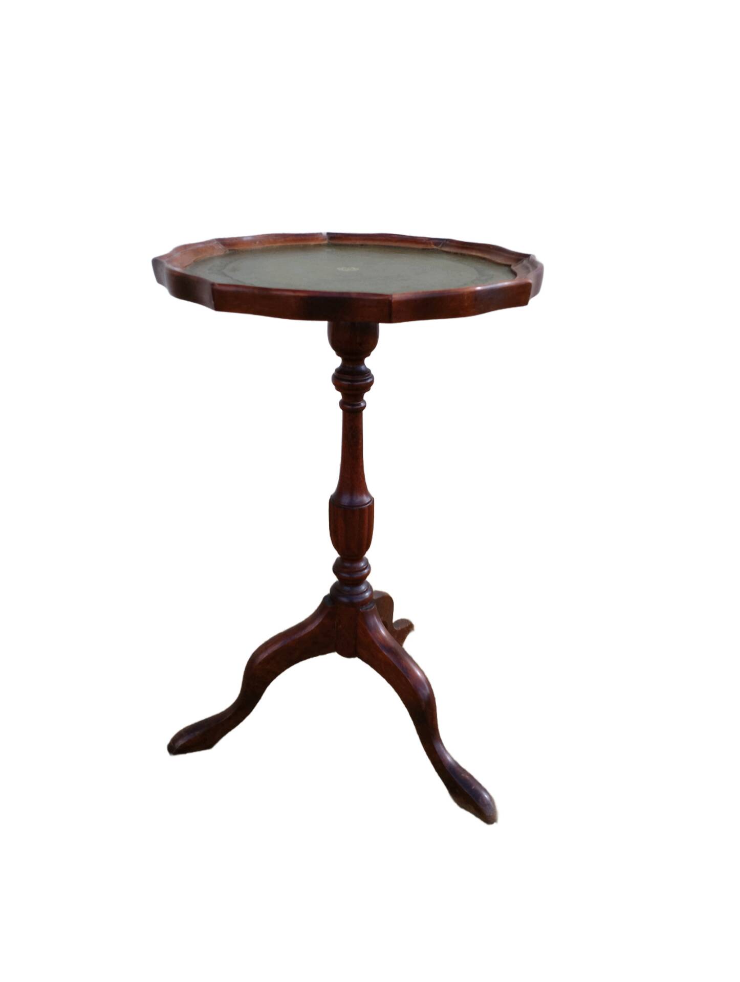 Table d’appoint à vin, guéridon ancien en bois et cuir vert