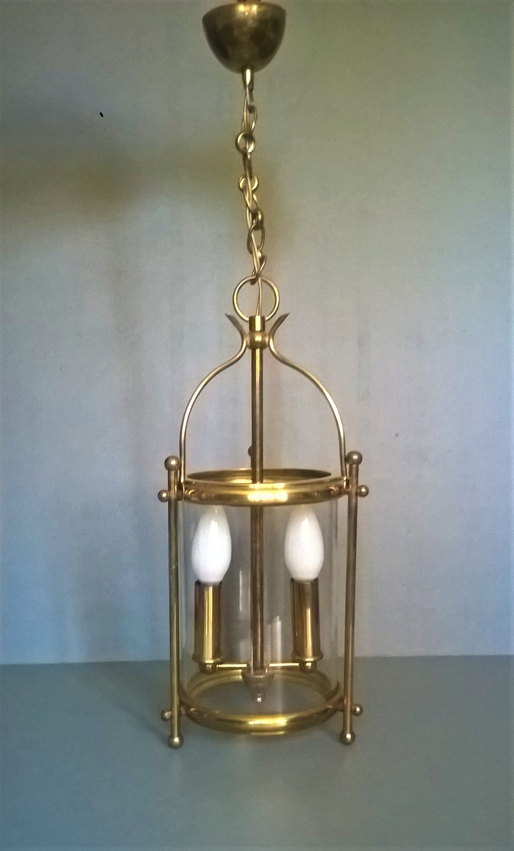 Chandelier lantern cage cylindrical two fires ~ glass and golden brass ~ 1950s/1960s