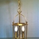 Chandelier lantern cage cylindrical two fires ~ glass and golden brass ~ 1950s/1960s