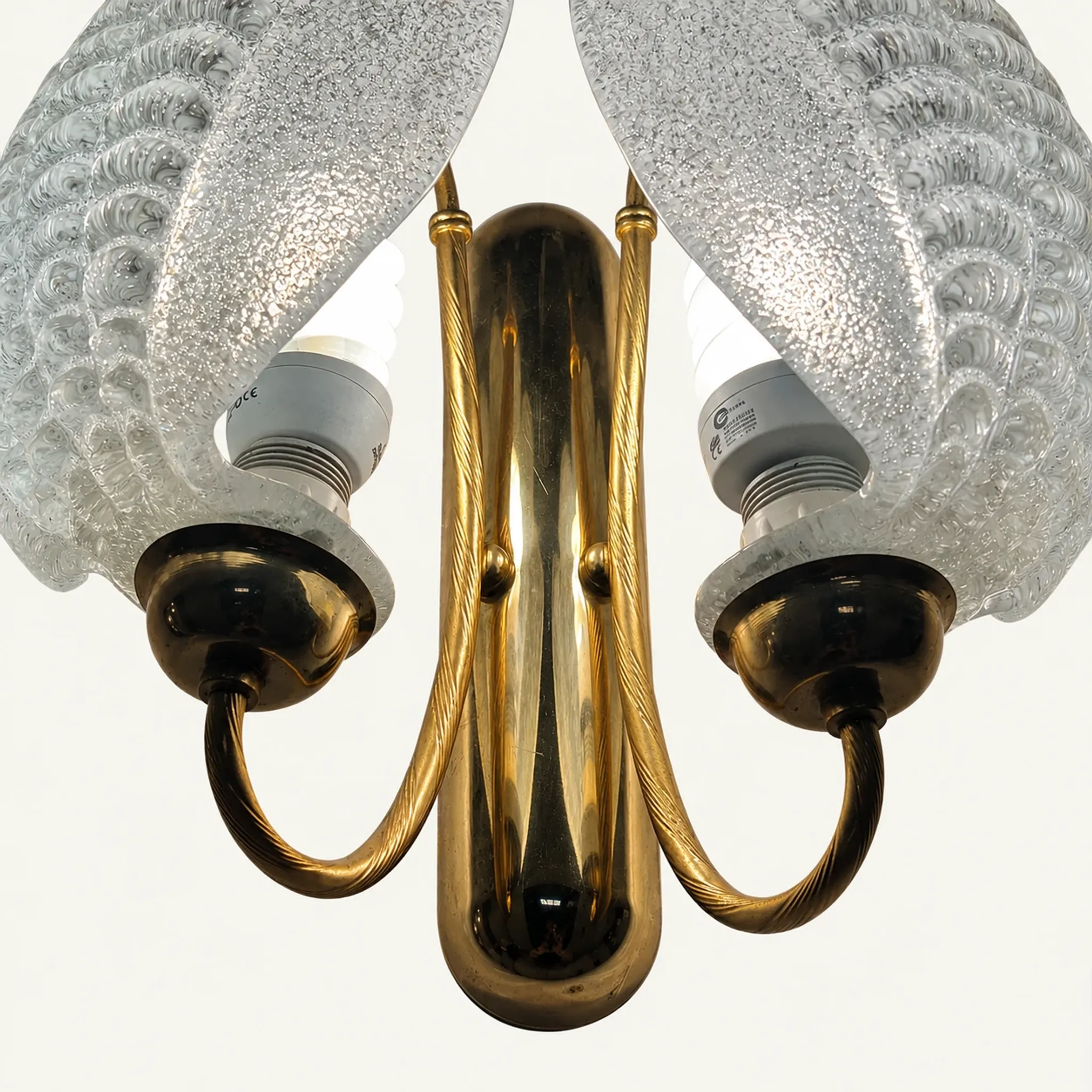 Vintage Italian shell wall light, textured glass and brass, 1970s.
