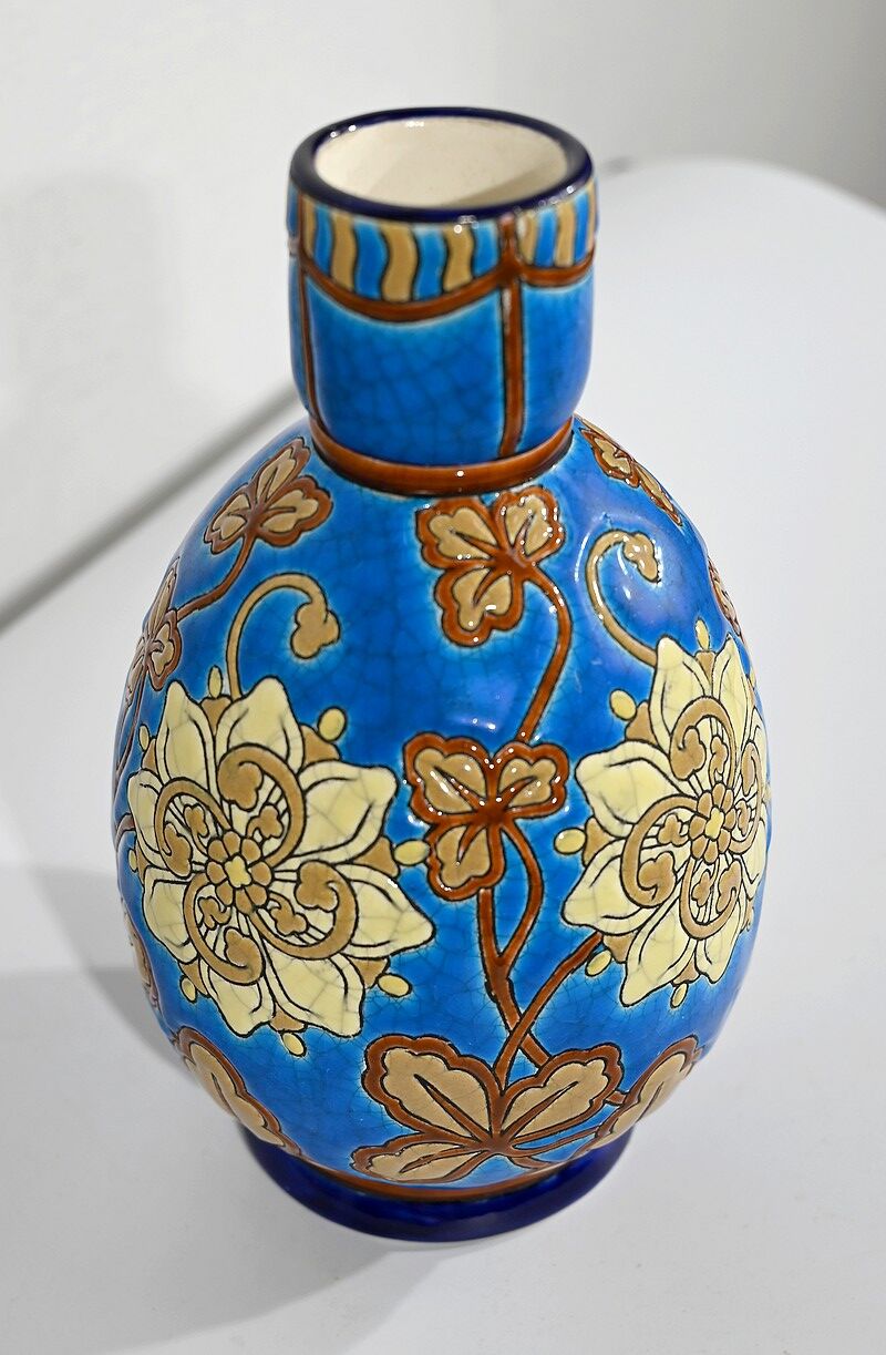 Vase decorated with flowers in enamels of longwy – early twentieth century