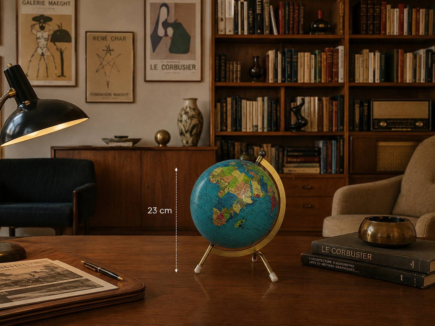 Globe terrestre vintage 1967 mappemonde dorée tripode Taride - 23 cm