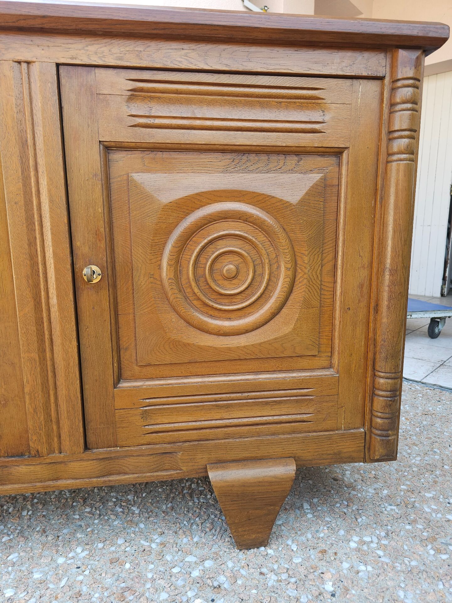 Solid oak sideboard, brutalist and Art Deco work, mid-century.