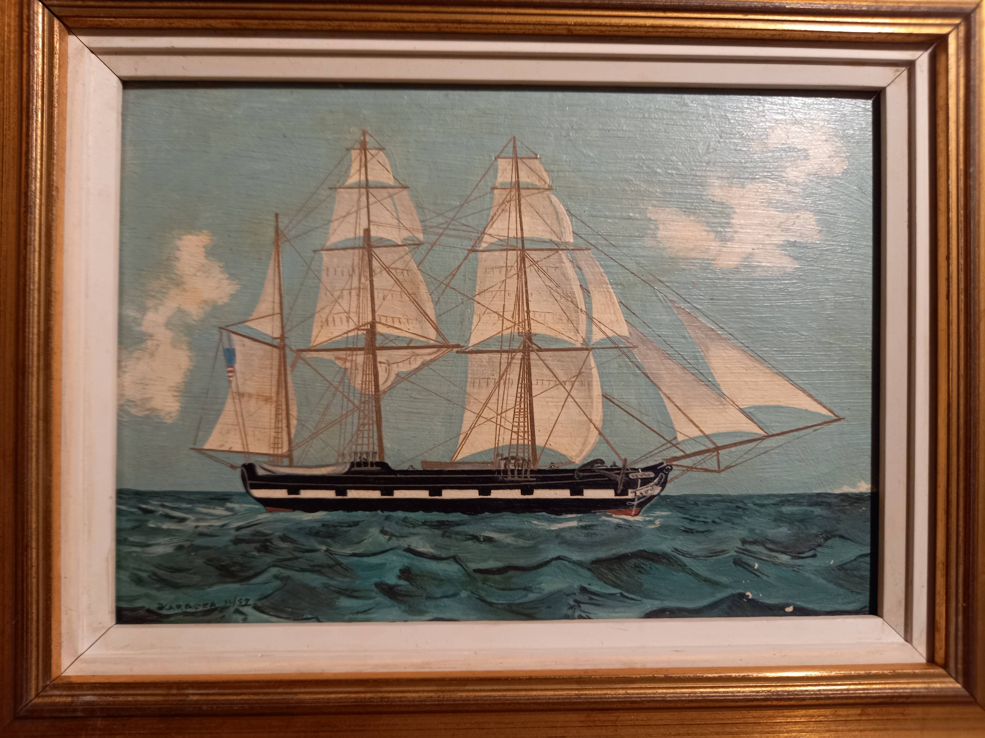 Old painting, oil on wood, schooner at sea, dated 1953, signed.