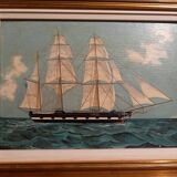 Old painting, oil on wood, schooner at sea, dated 1953, signed.