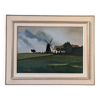 Peinture à l'huile de paysage vintage suédoise moderne du milieu du siècle « Moulin à vent au crépuscule », encadrée