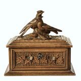 Coffret boite bois sculpté fleur feuillage 2 oiseaux forêt noire avec clef ancien