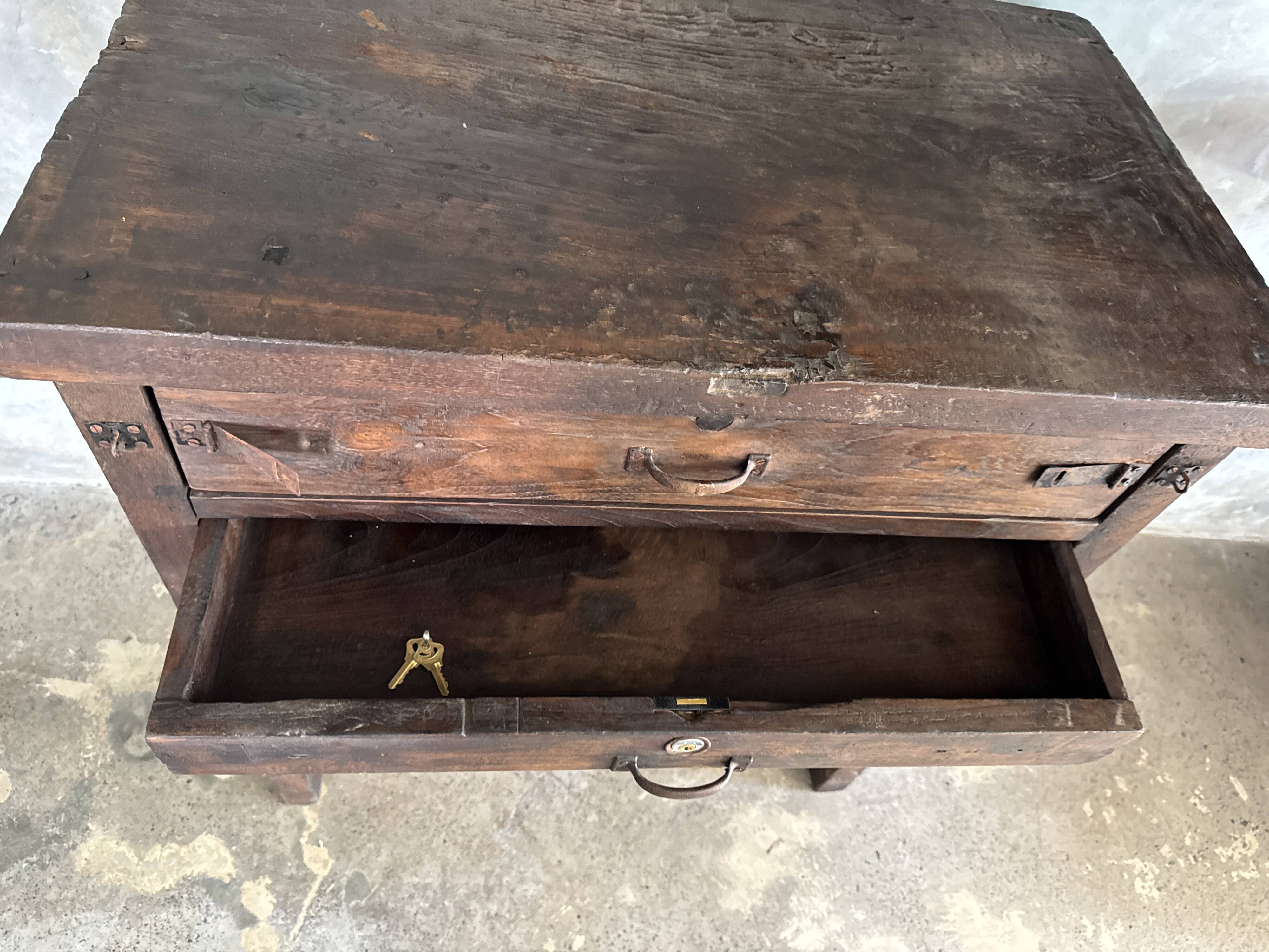 Antique Indonesian teak workbench with two drawers and stretcher H89.