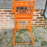 Ancienne Chaise Haute Pour Bébé en Bois Peint Orange