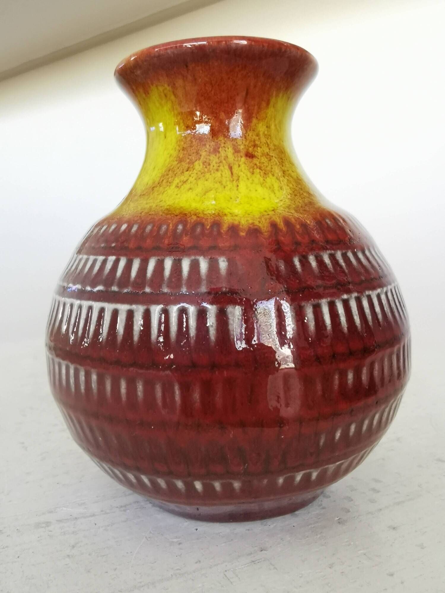 Vintage Scheurich Fat Lava Vase: West German Red & Yellow Pottery