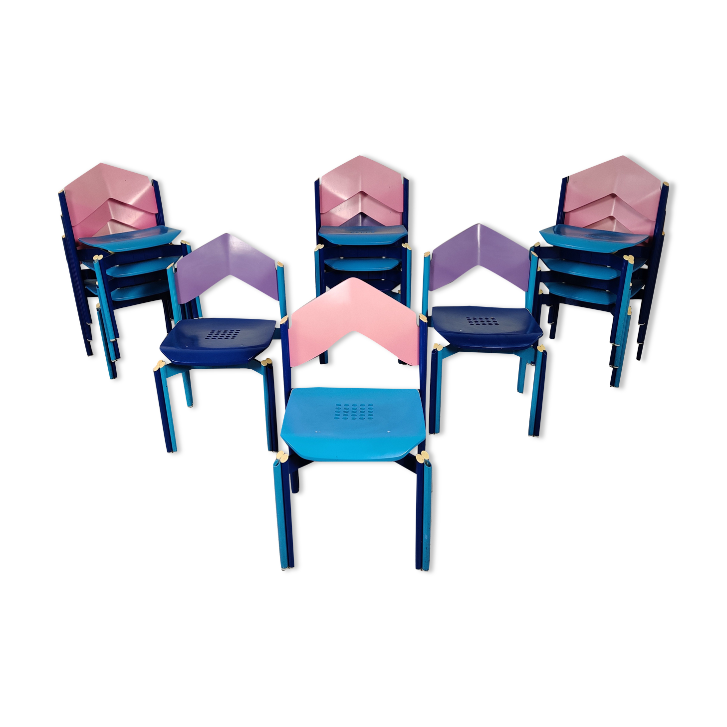 12 multicolored chairs wood and metal, 80s