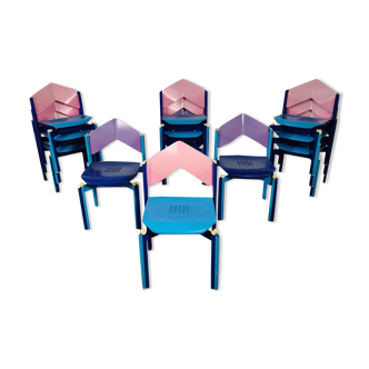 12 chaises multicolore bois et métal, années 80