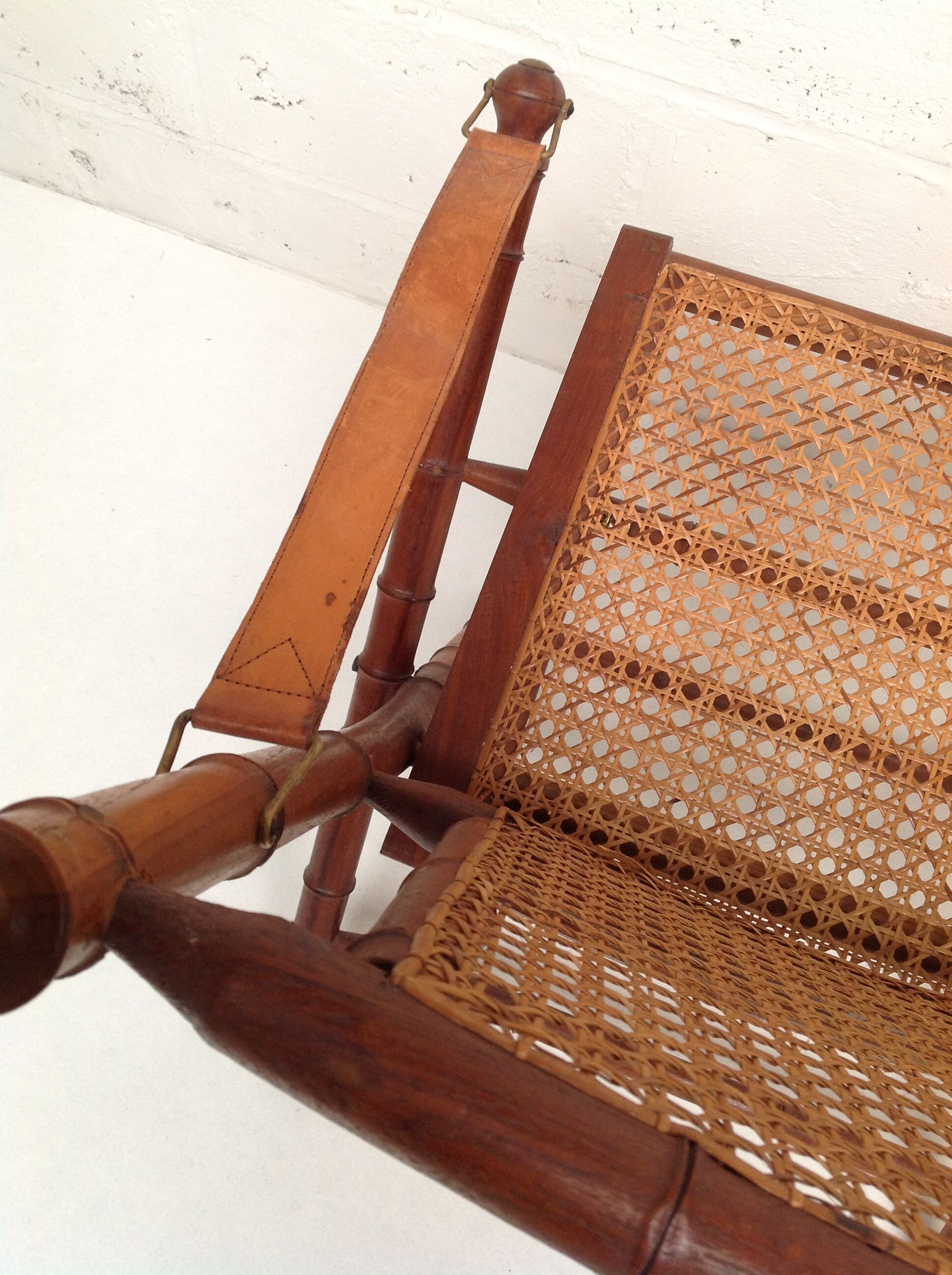 Bamboo folding chair and canning, leather and brass