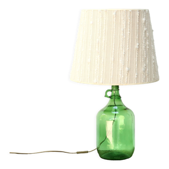 Green glass bottle lamp, wool shade