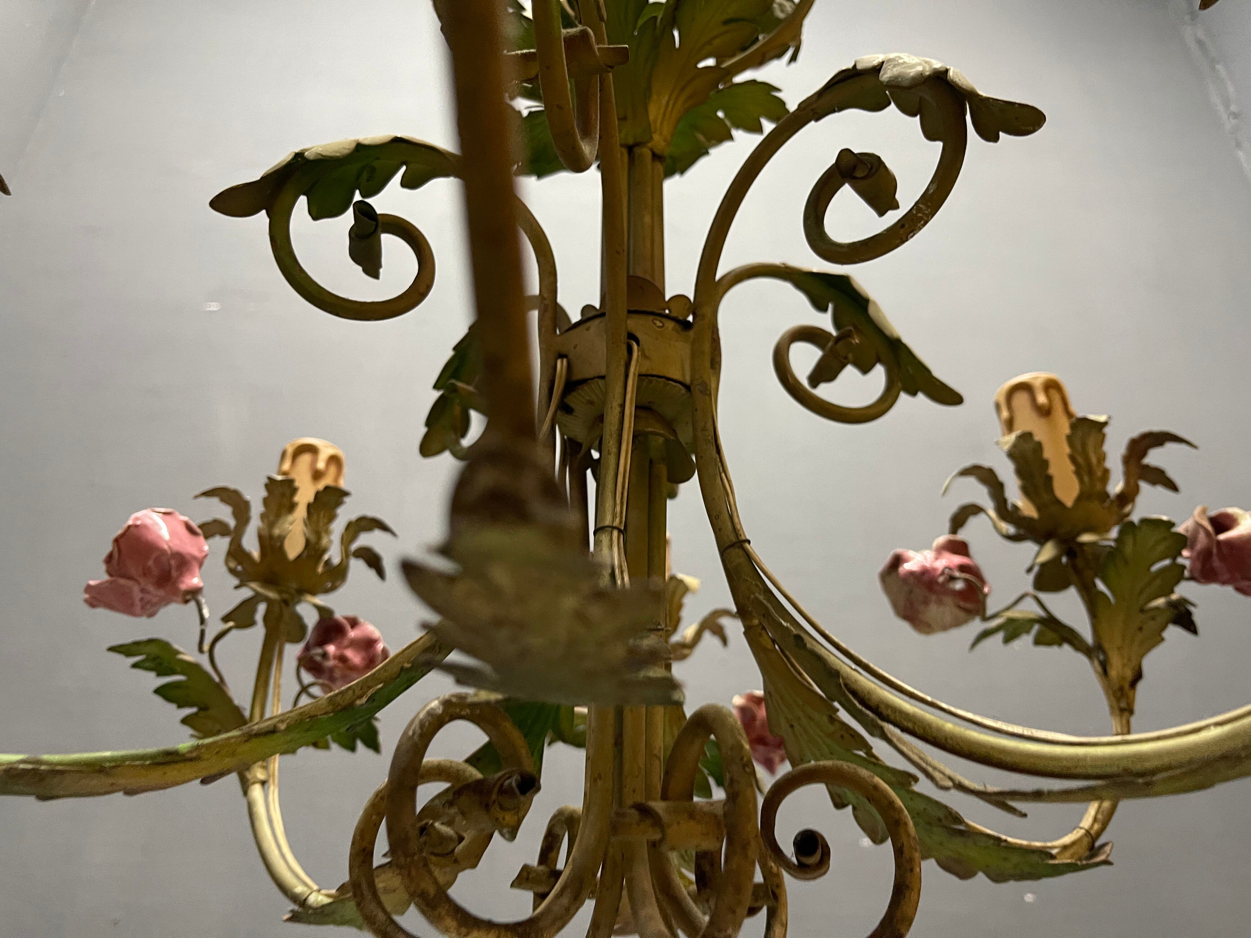 Italian Florentine Tole and Ceramic Flower Chandelier, 1950s