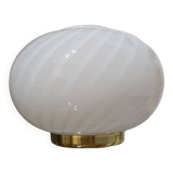 Murano Glass White Swirl Globe Table Lamp on Golden Base | MCM Midcentury Modern | Italian Minimalistic Design | Handcrafted Bedside Light