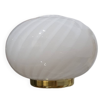 Murano Glass White Swirl Globe Table Lamp on Golden Base | MCM Midcentury Modern | Italian Minimalistic Design | Handcrafted Bedside Light