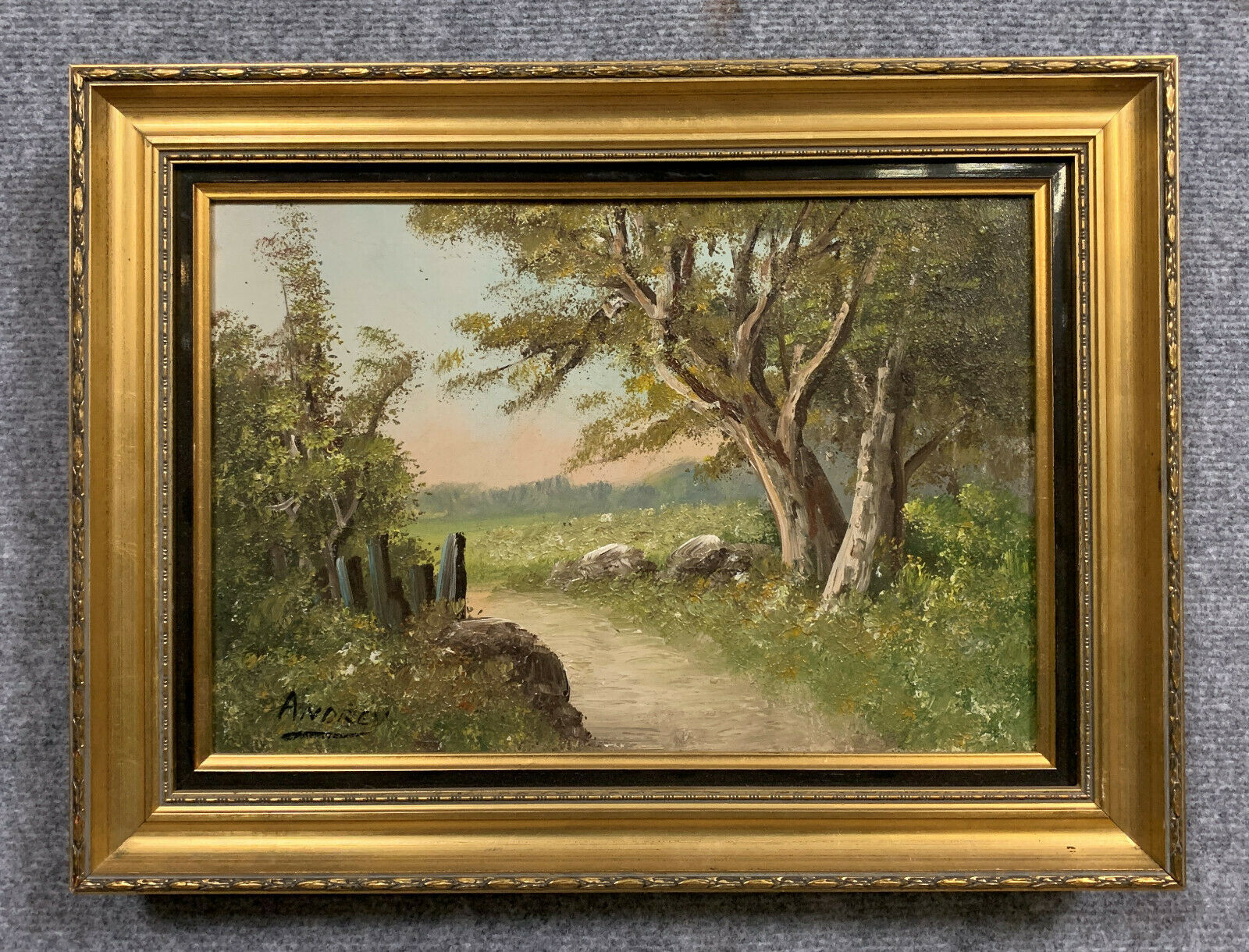 Barbizon School: oil on canvas by Louis ANDREY / the path to the edge of the wood