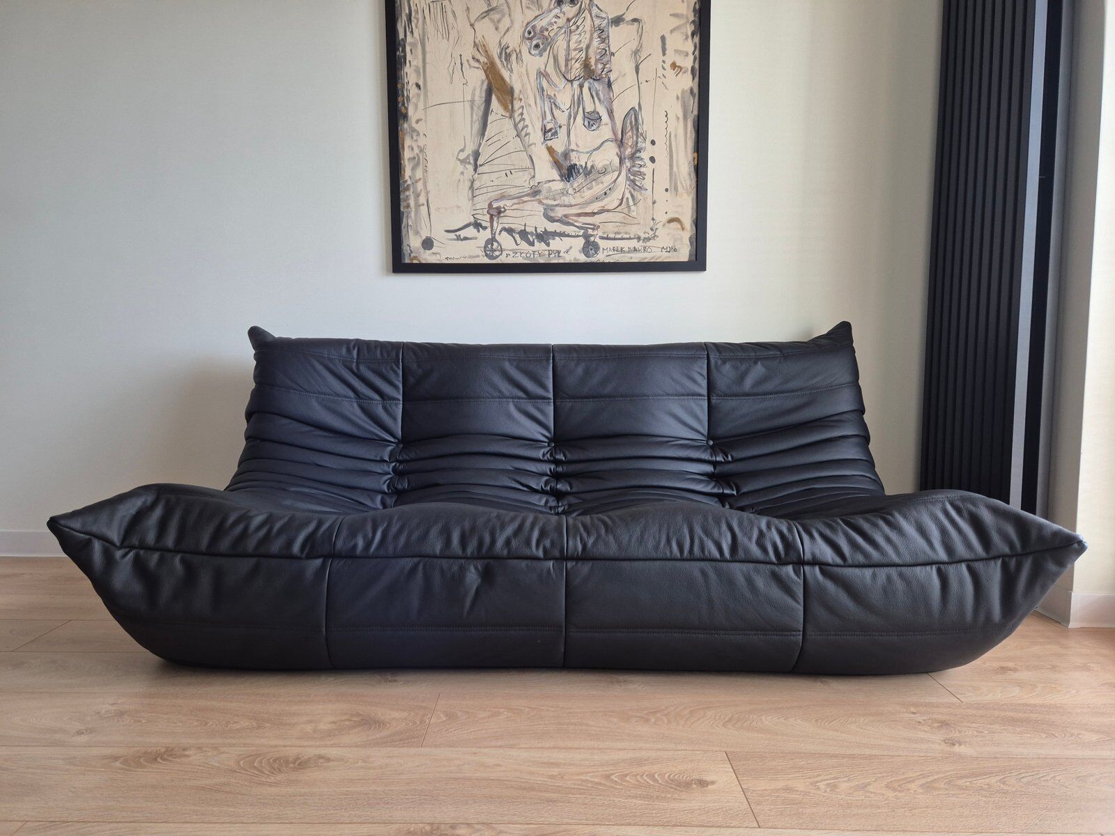 Togo sofa with pouf in black leather by Michel Ducaroy for Ligne Roset, set of 2