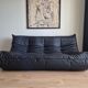 Togo sofa with pouf in black leather by Michel Ducaroy for Ligne Roset, set of 2