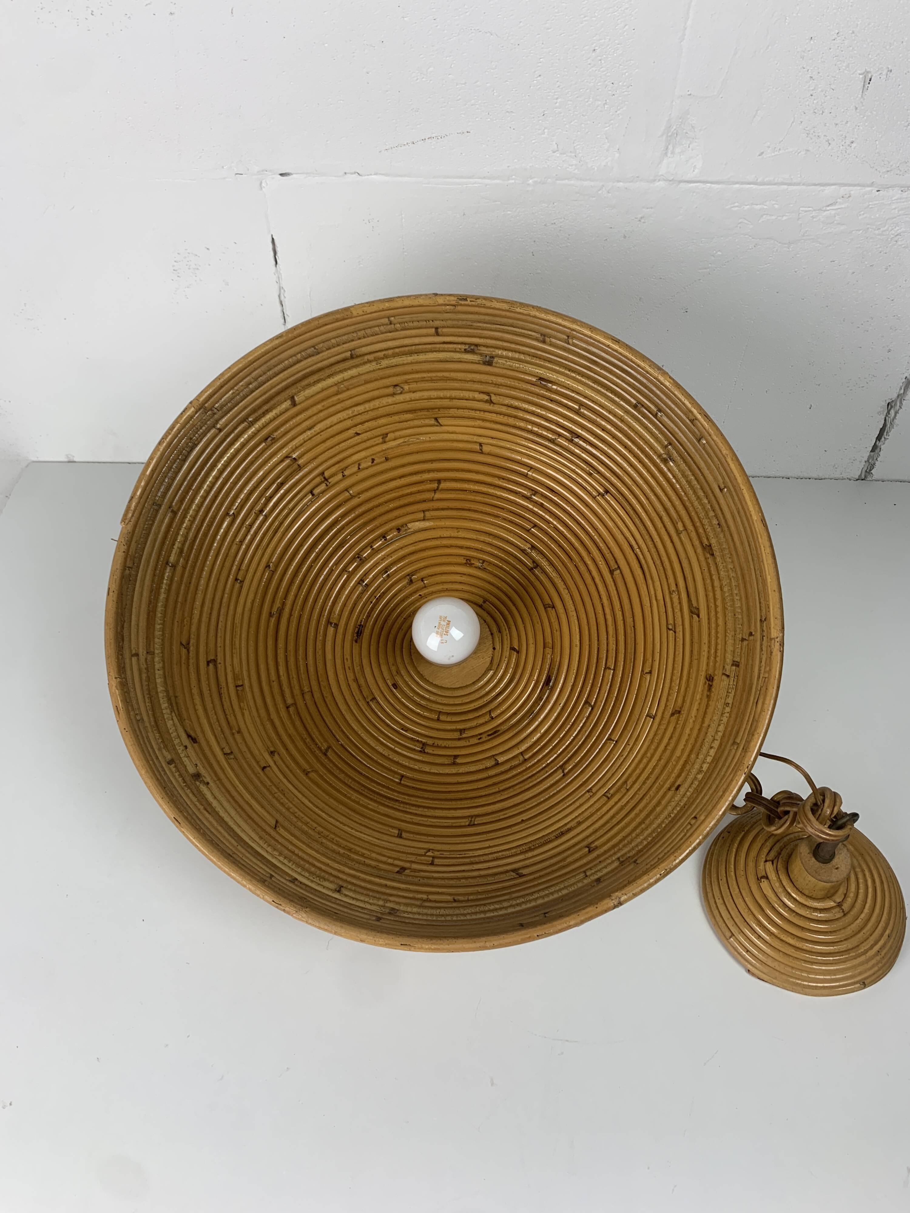 Midcentury pencil reed rattan bamboo pendant hanging lamp, Italy, 1970s