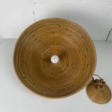 Midcentury pencil reed rattan bamboo pendant hanging lamp, Italy, 1970s