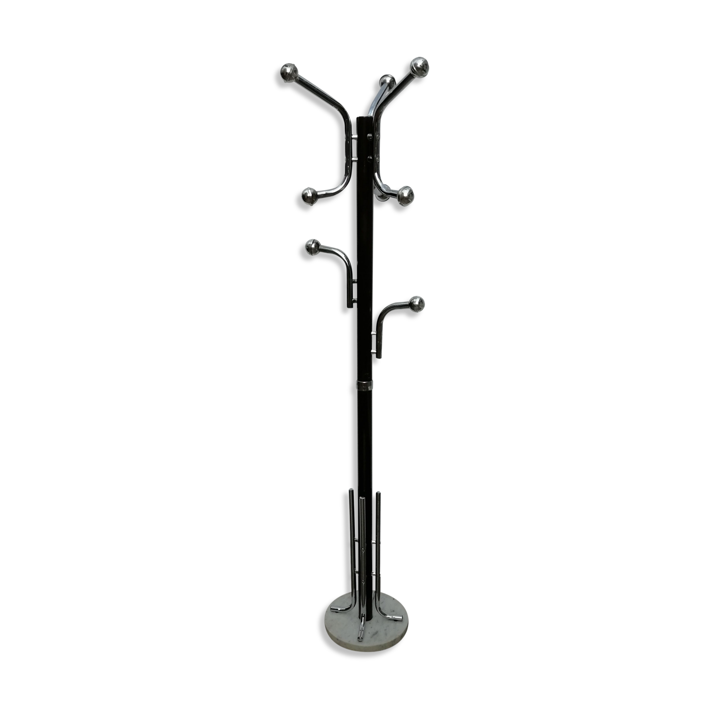 1960 chrome and brown parrot coat rack, 8 balls, marble base