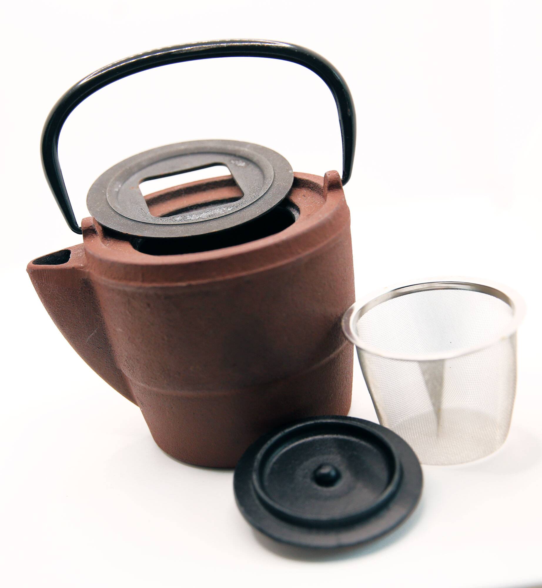 Cast iron chocolate teapot from Japan wabi sabi and its stainless steel filter