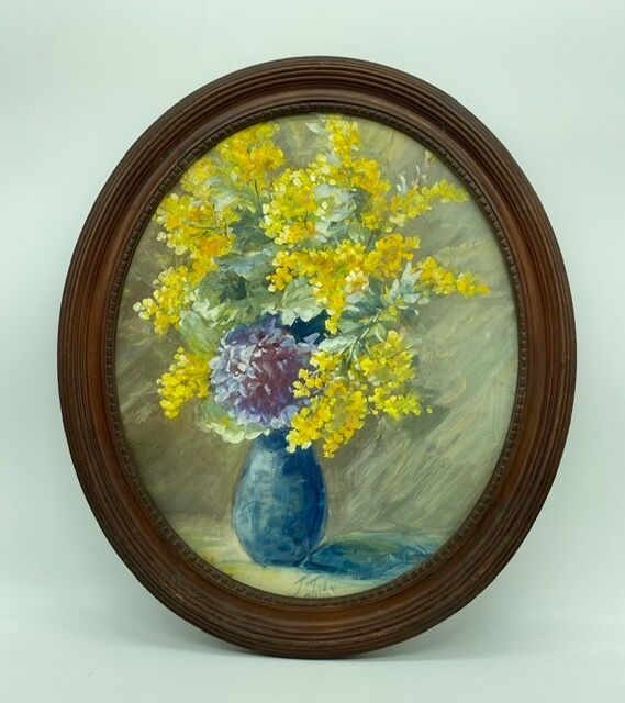 Old painting, still life with mimosas, signed, 60s/80s