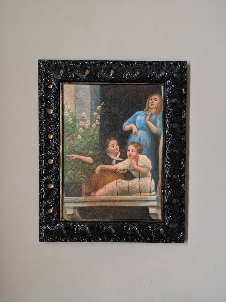 Oil painting on canvas, scene of life, black wooden frame, country decoration