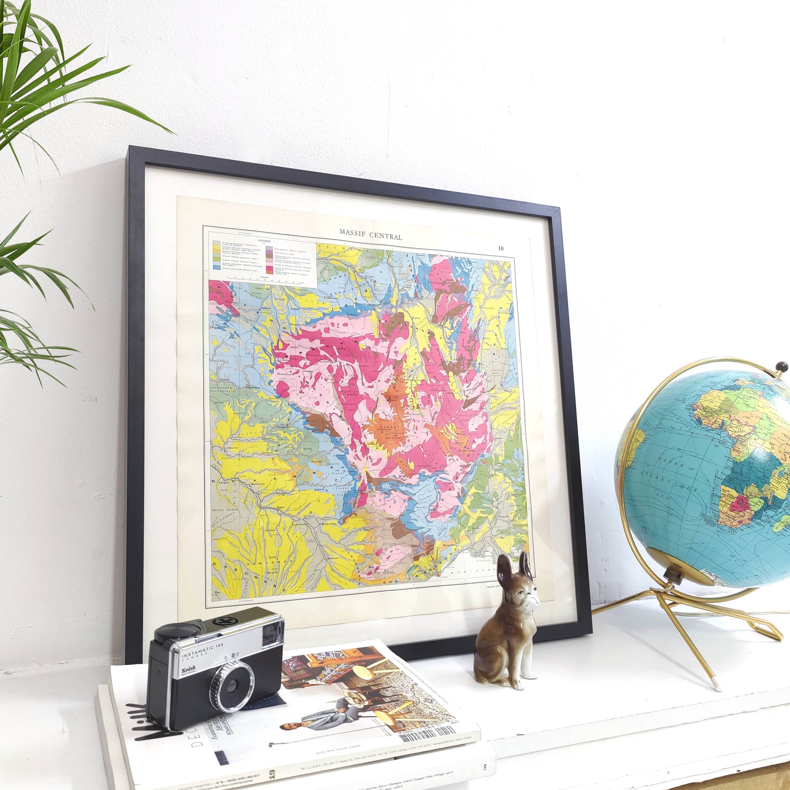 Old map of France the central massif in 1950 43x43cm