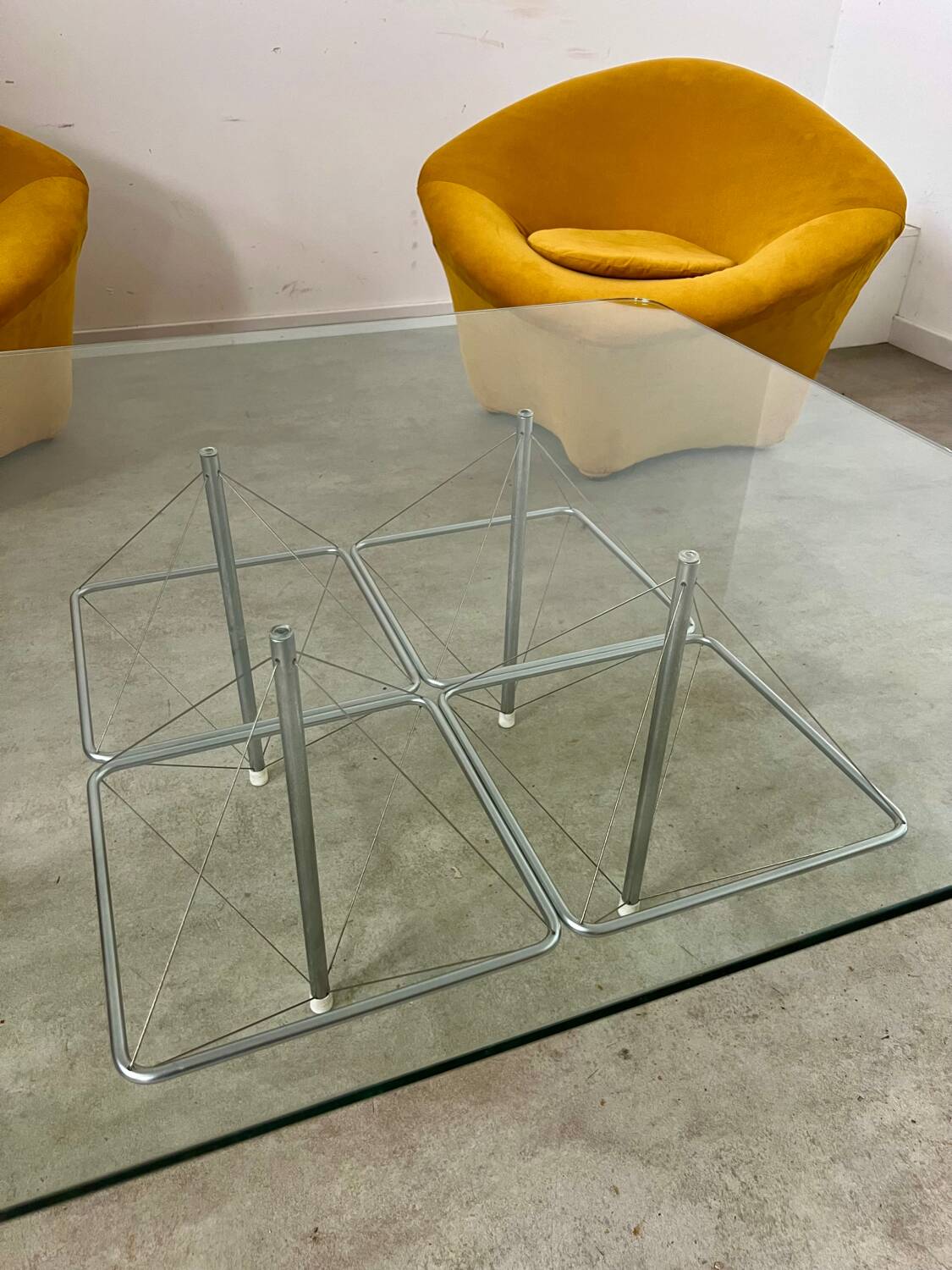 Old Italian design architectural coffee table from the 70s vintage glass and metal