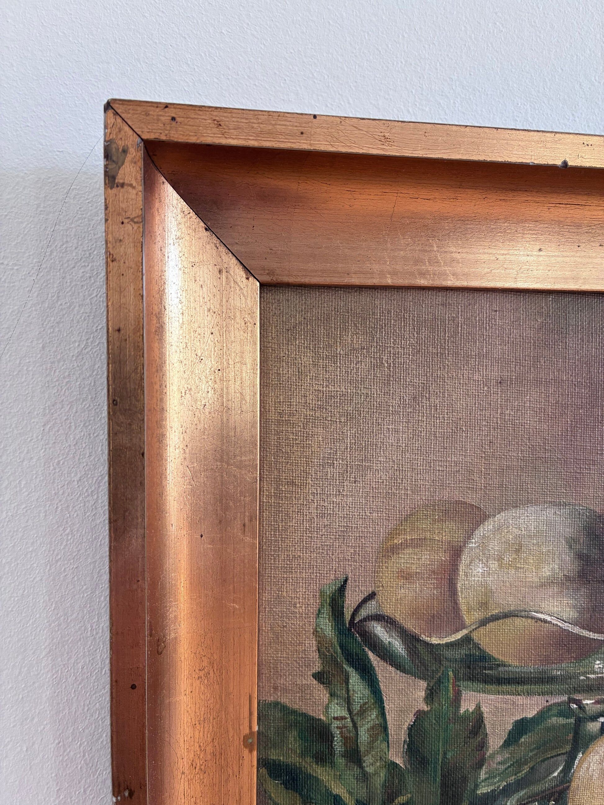 Antique original still life oil painting, fruit kitchen art