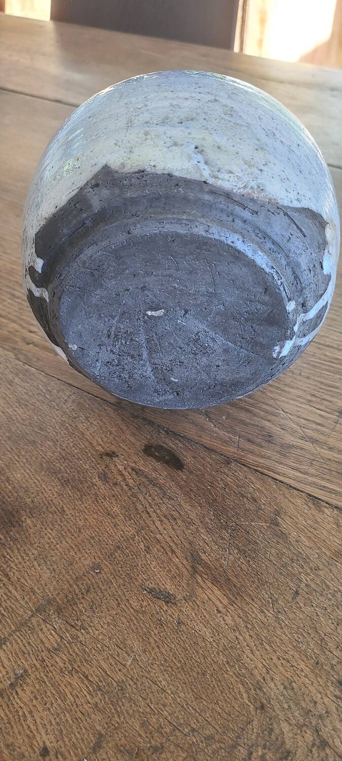 Old bulbous jug pottery vase glazed grey-blue stoneware vintage