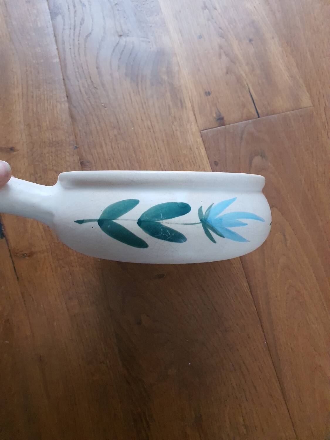 Vintage fondue pot, Marais pottery, hand-painted blue floral decoration