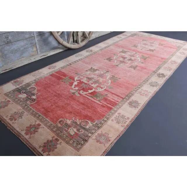 Vintage Turkish Oushak handmade pink cotton wool runner rug 163x370