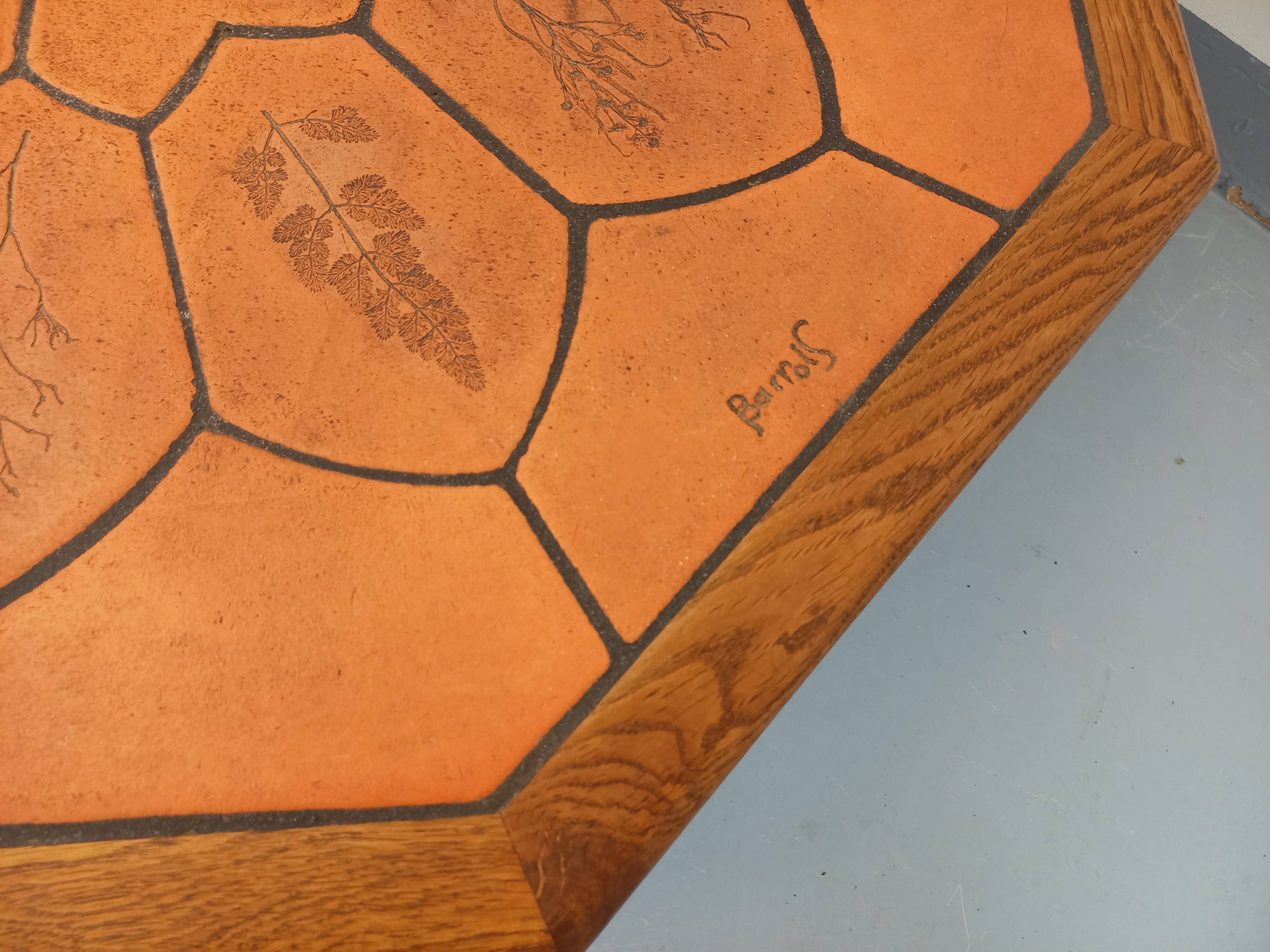 Octagonal coffee table Barrois with vintage herbarium patterns in oak and ceramic.