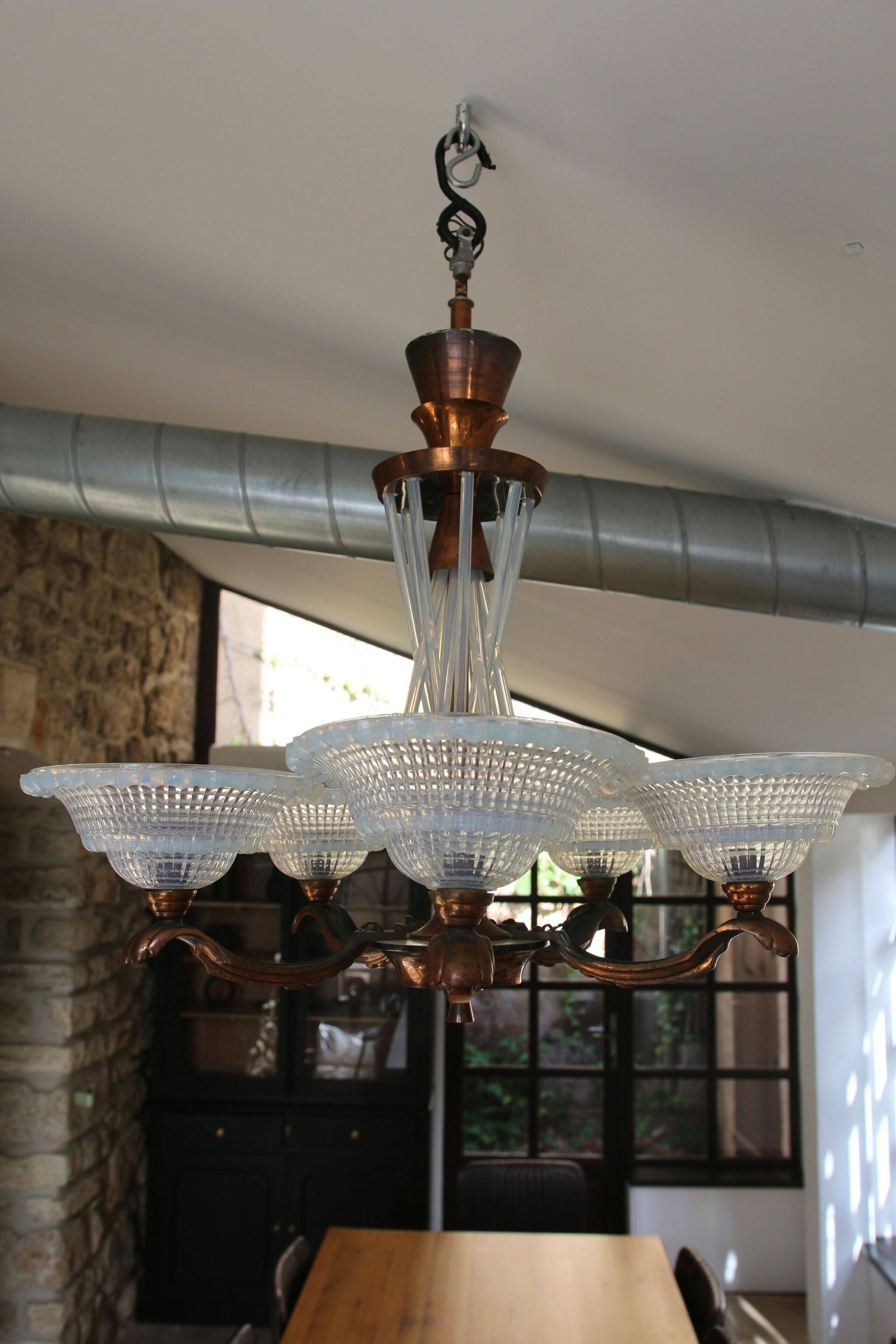 Art Deco lustre, opalescent glass, Ezan & Petitot, signed.