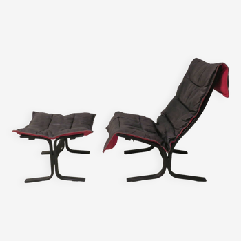 Fauteuil lounge en cuir noir patiné avec ottoman Ingmar Rellin, 1960