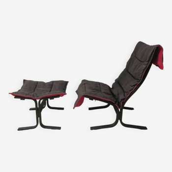 Ingmar Rellin patinated black leather lounge chair with ottoman, 1960s