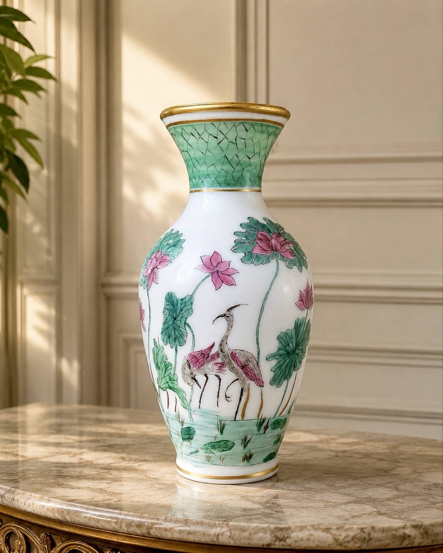 Grand vase en opaline blanche décor asiatique émaillé