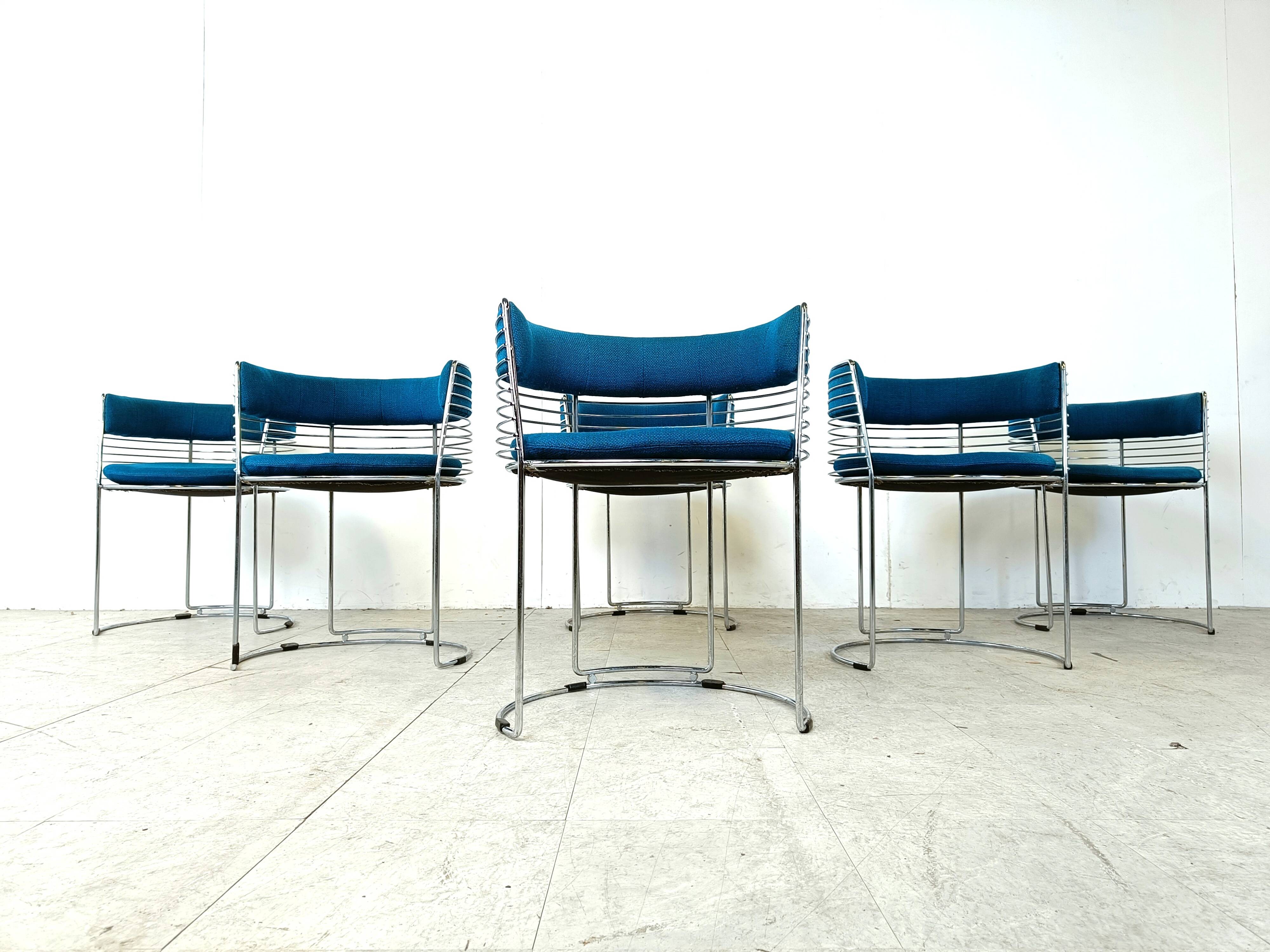 Set of 6 chrome wire and blue fabric dining chairs, 1970s