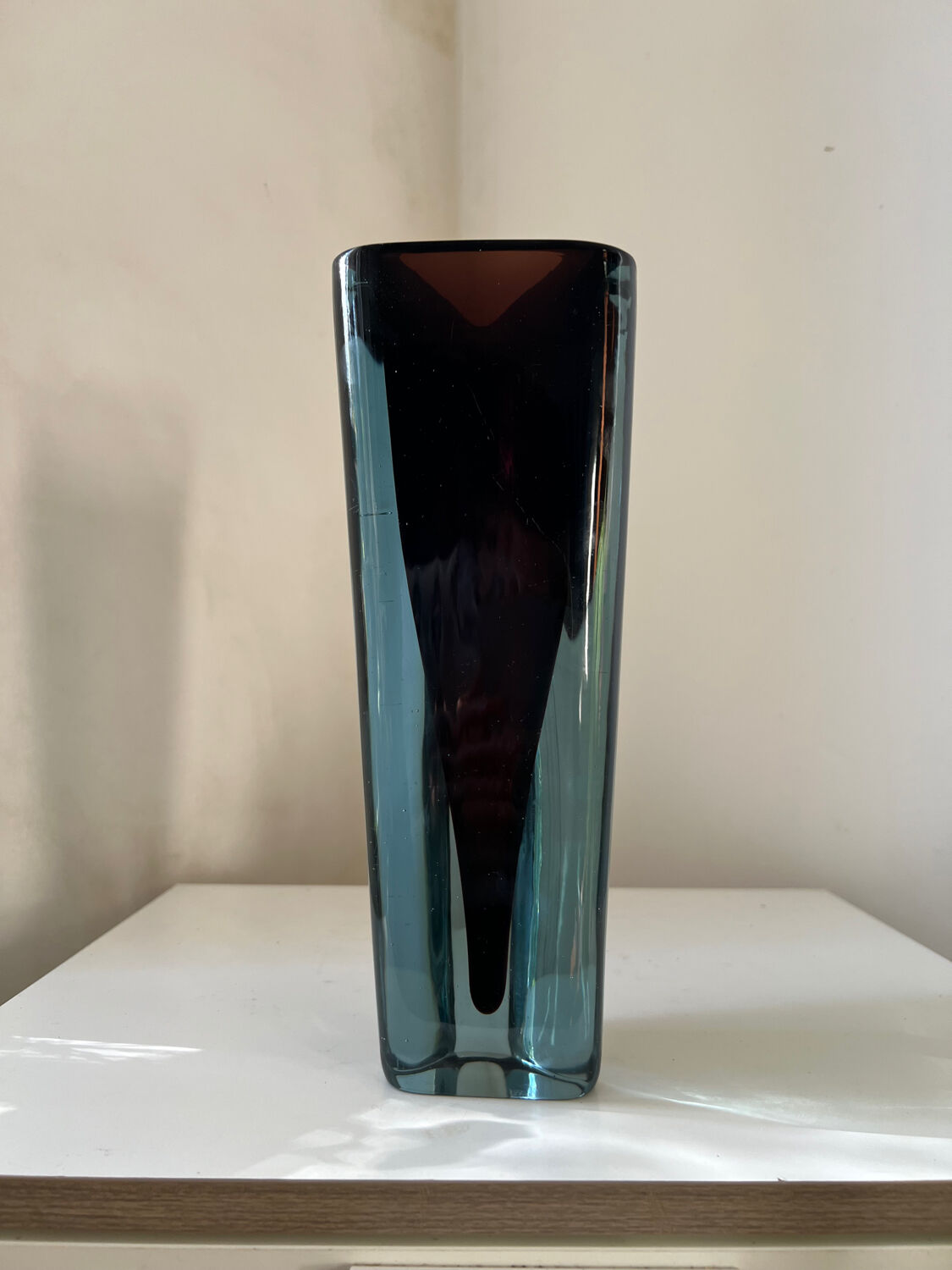 Large tall vintage crystal vase in a triangular shape, Murano style