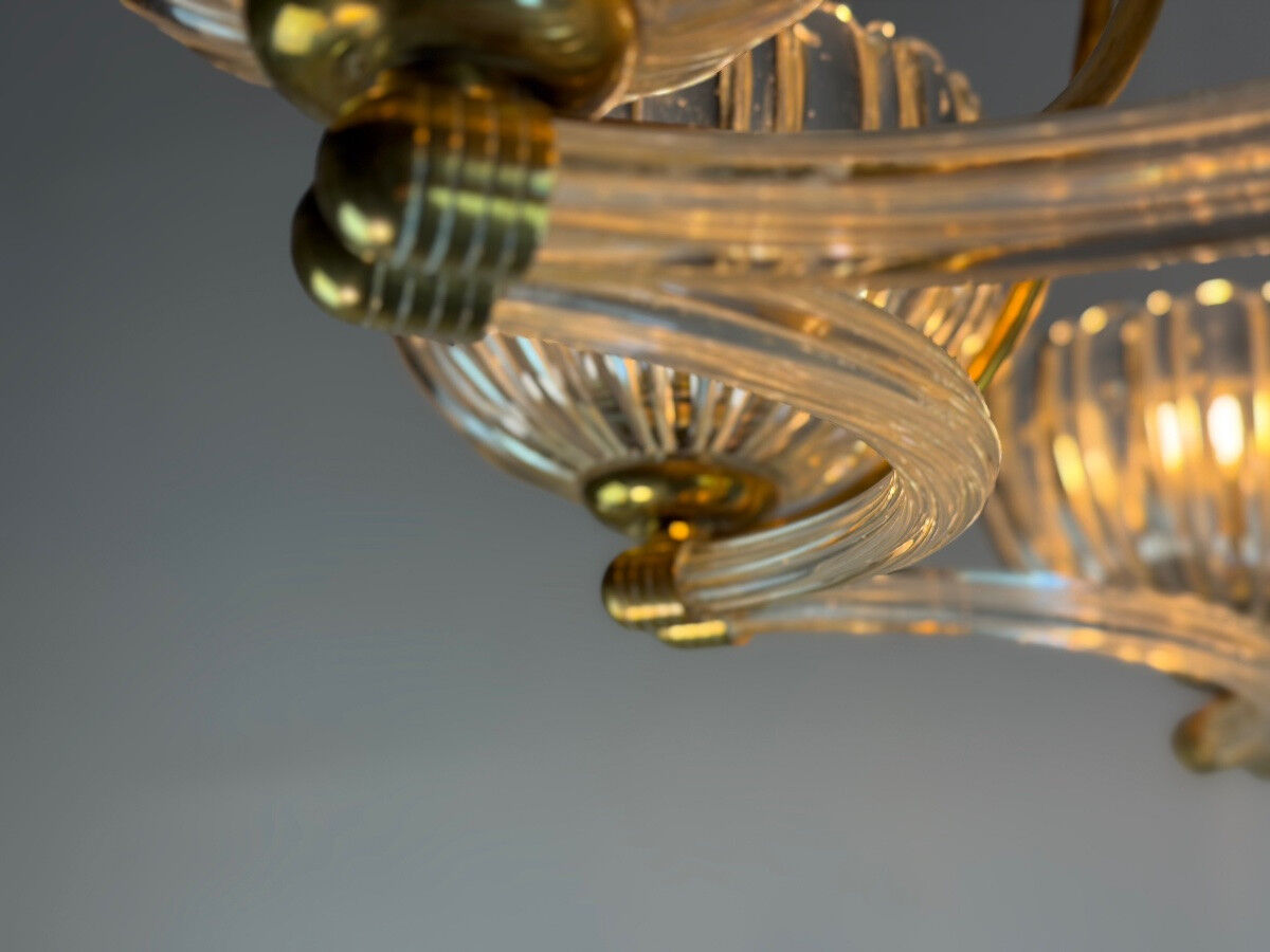 Venetian chandelier in colourless Murano glass and brass, circa 1940.