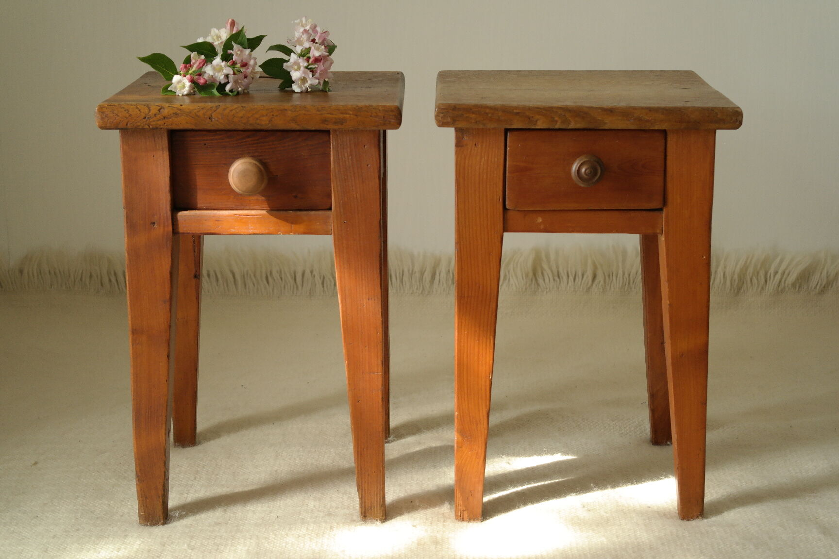 Pair of vintage country bedside tables oak and fir