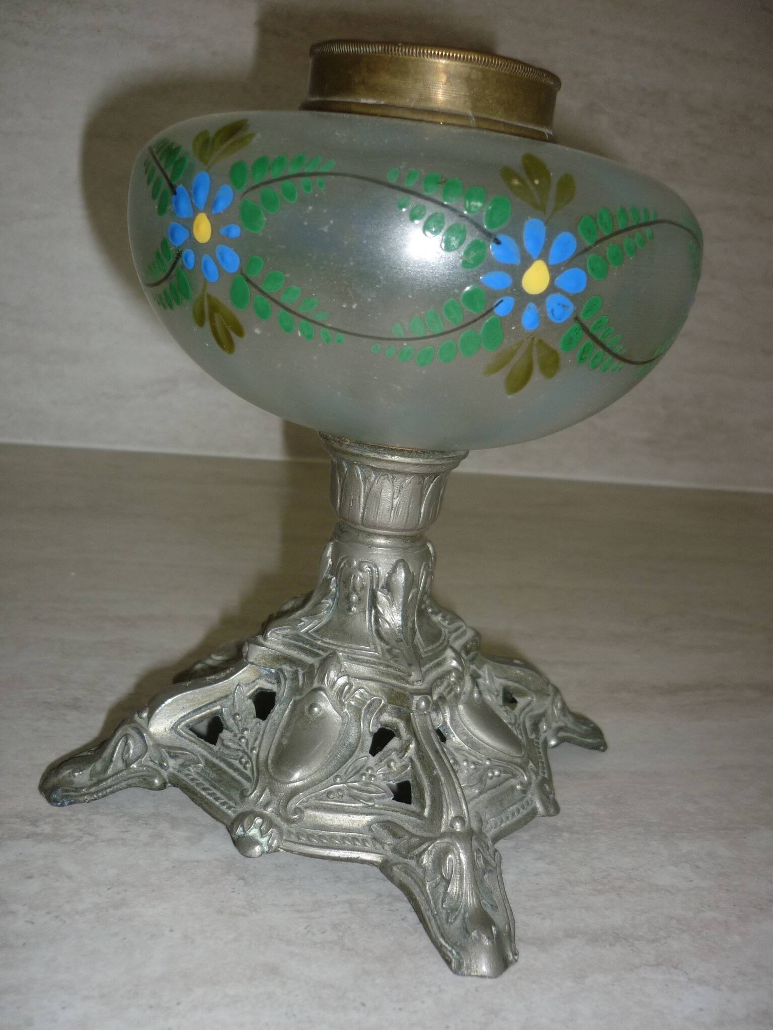 Painted oil lamp vase on pewter stand from the 19th century