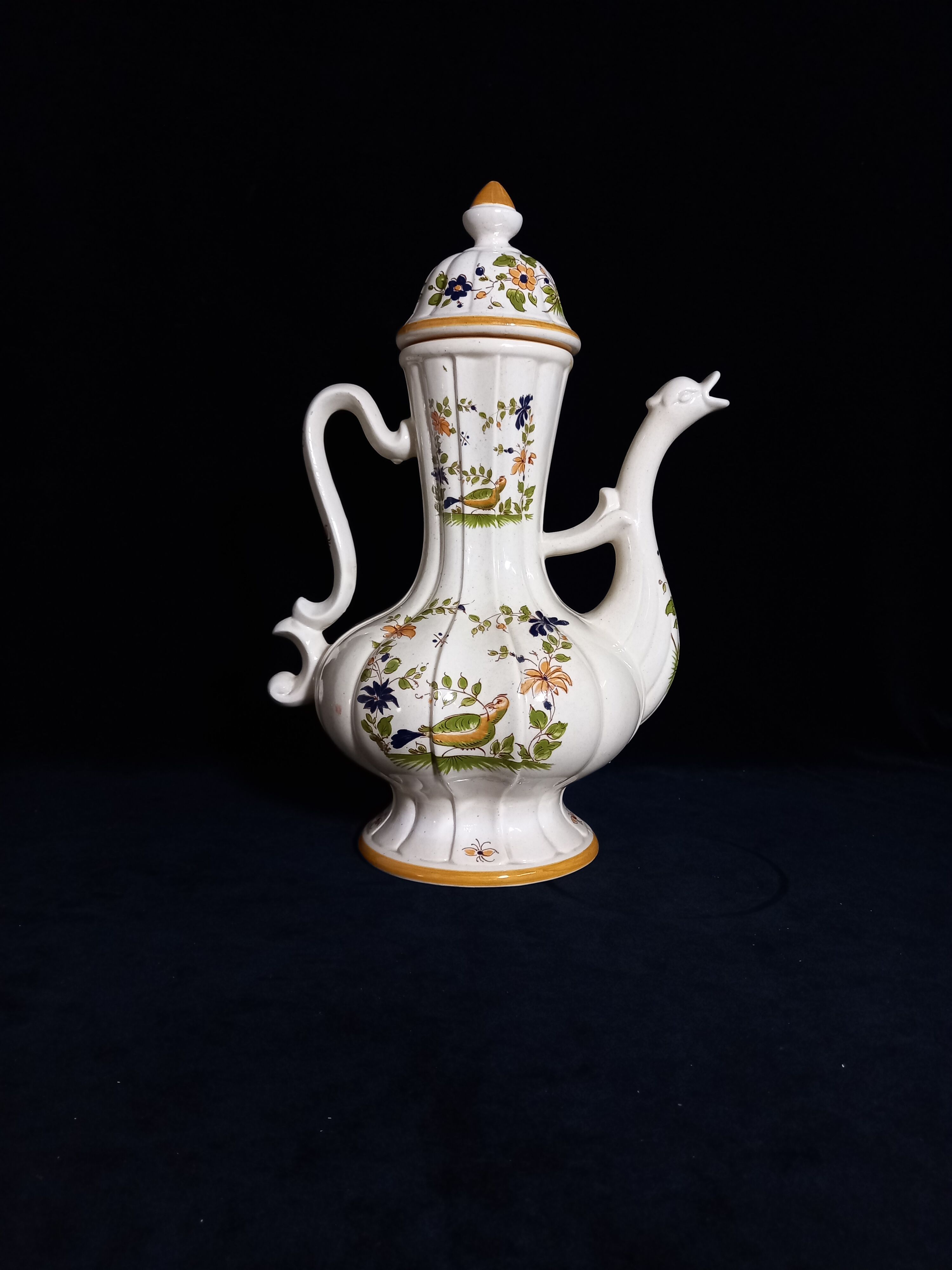 Faience ewer with dragon's head spout - decor 'vieux moustier'