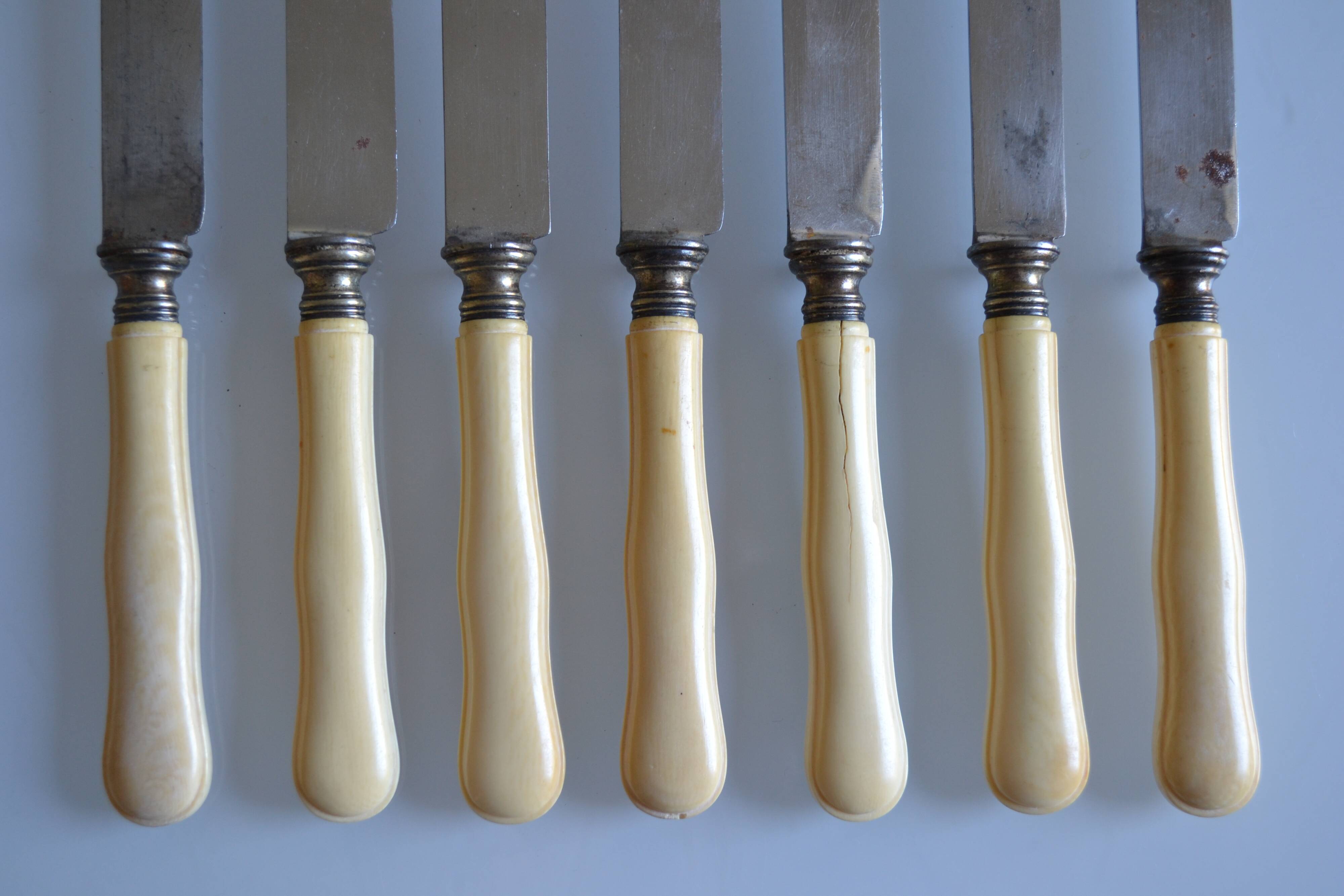 7 old table knives from the 19th century, monogrammed ivory-colored handles