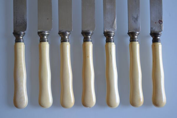 7 couteaux de table anciens époque XIX manches couleur ivoire monogrammés